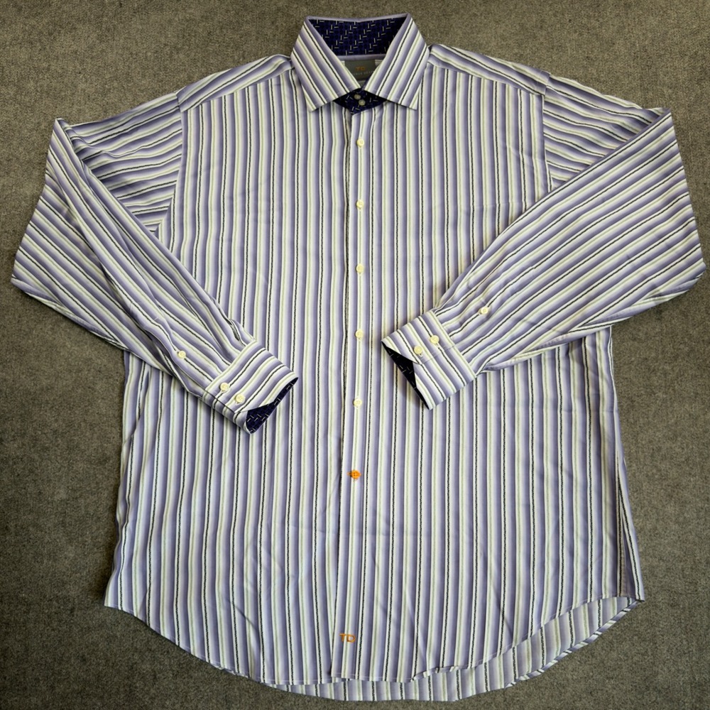 Thomas Dean Mens XL Long Sleeve Button Down Shirt Purple Green Striped Cotton